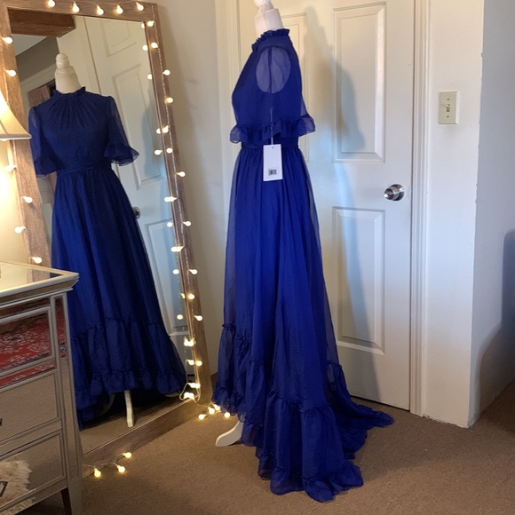 MAC DUGGALRuffled High Neck Flutter Sleeve High Low Hem Gown